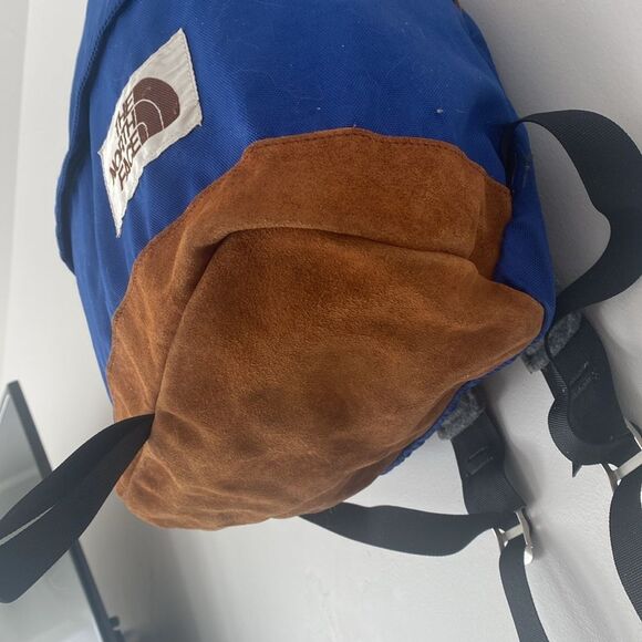 Vintage The North Face Blue Brown Backpack Suede Bottom Panel Retro Design - Picture 5 of 15